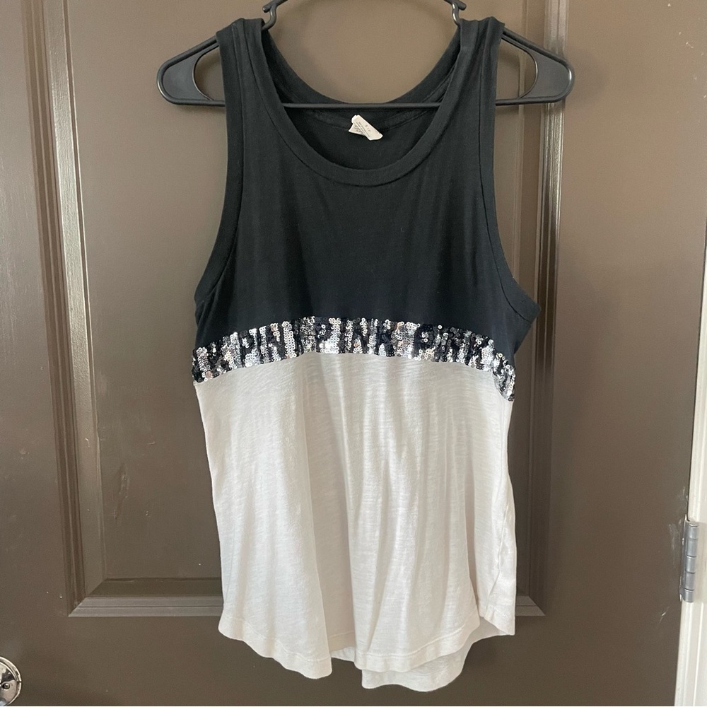 PINK Victoria's Secret Black White Silver Sequin Sleeveless Tank Top Size Small